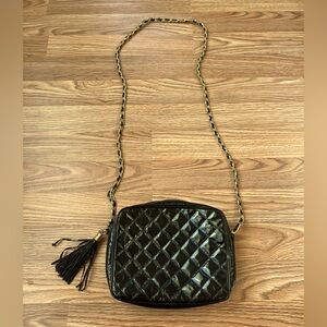 Vintage Jay Herbert Black Quilted Leather Purse Gold Chain Tassel Crossbody